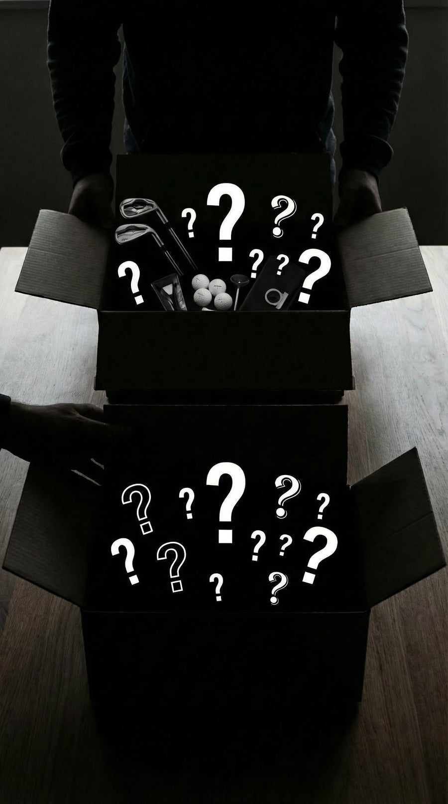 Open golf mystery box surrounded by question marks with golf clubs and balls in silhouette