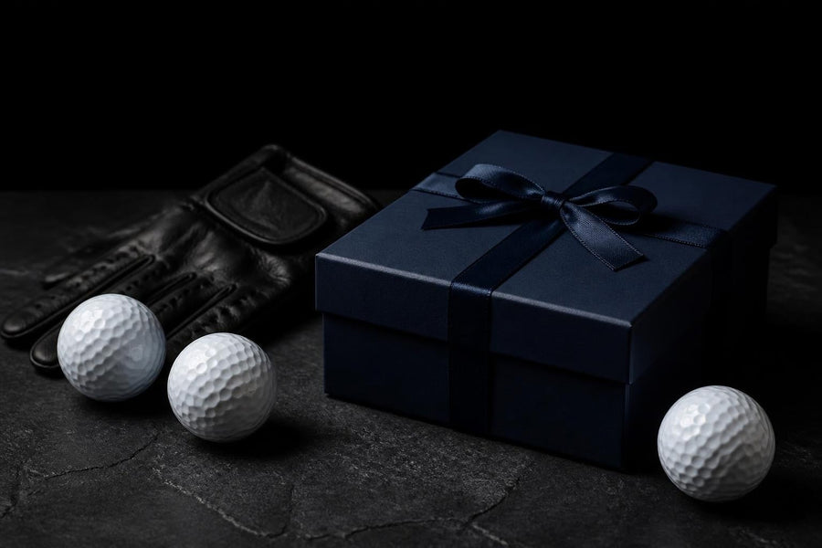 Golf balls, a golf glove and a navy gift box on a dark background for Black Friday golf deals