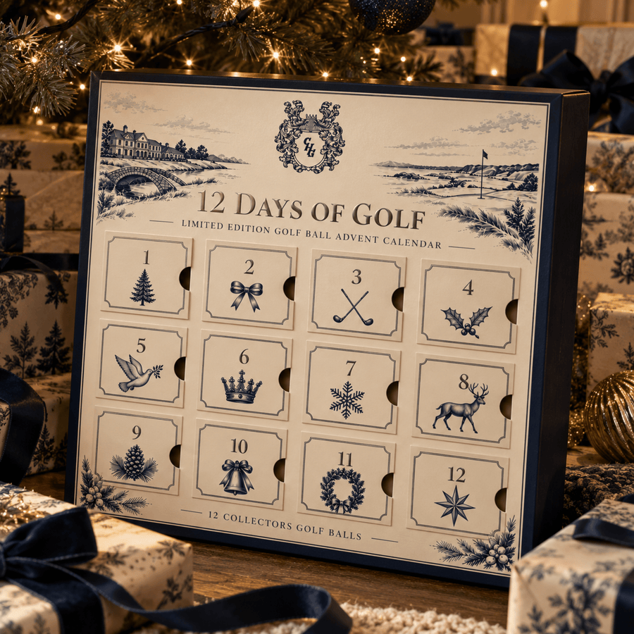 12 Days of Golf advent calendar with twelve numbered doors, surrounded by wrapped Christmas gifts