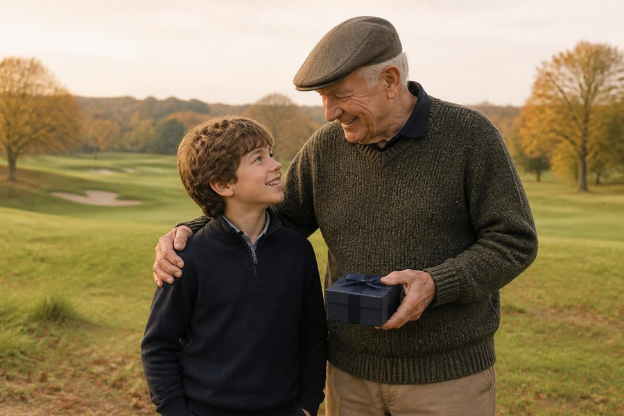 Grandad in a flat cap holding a golf gift box with his grandson on an autumn golf course