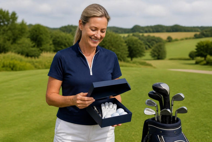 Woman golfer smiling as she opens a golf gift box of golf balls on the course