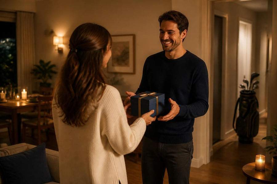 Woman giving her husband a wrapped golf gift at home