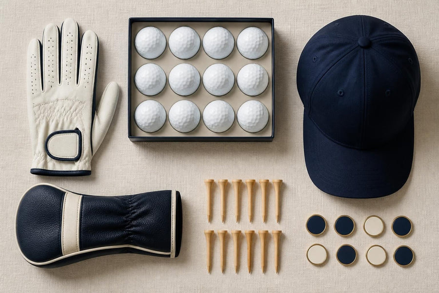 Flat lay of golf gifts under 100 pounds: glove, a dozen golf balls, cap, headcover, tees and ball markers