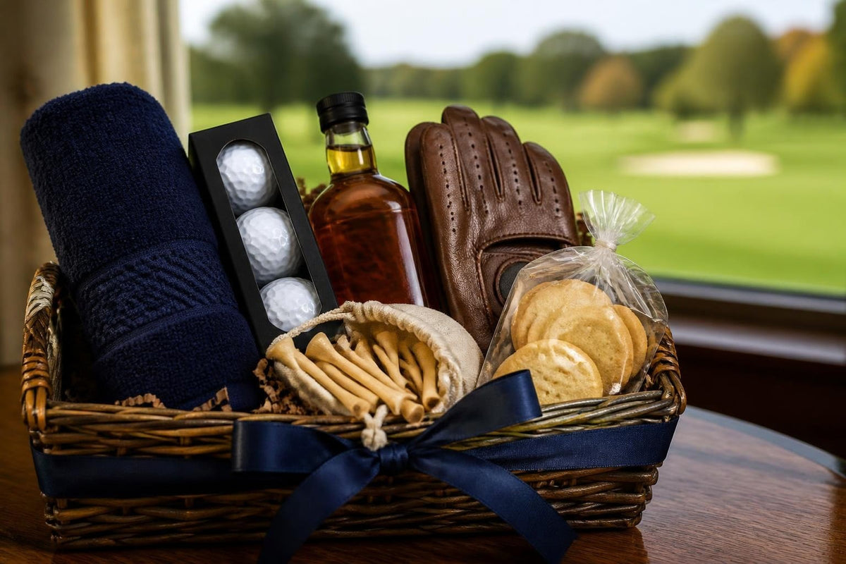 Golf hamper gift basket with golf balls, a towel, tees, a leather glove, whisky and shortbread
