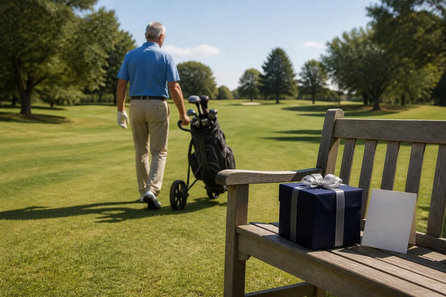 Retired golfer walking a sunny fairway with a trolley, a gift box and card on a bench in the foreground