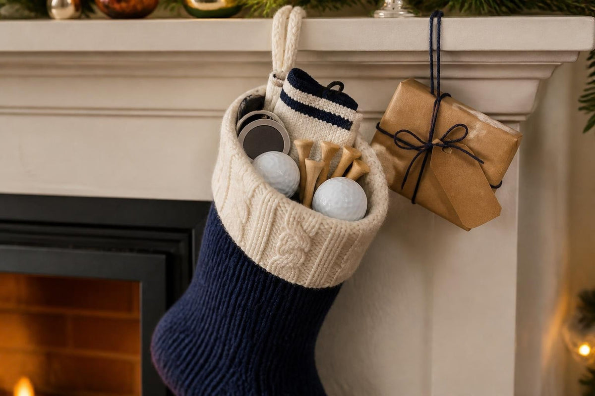 Christmas stocking on a mantelpiece filled with golf balls beside a wrapped Secret Santa gift
