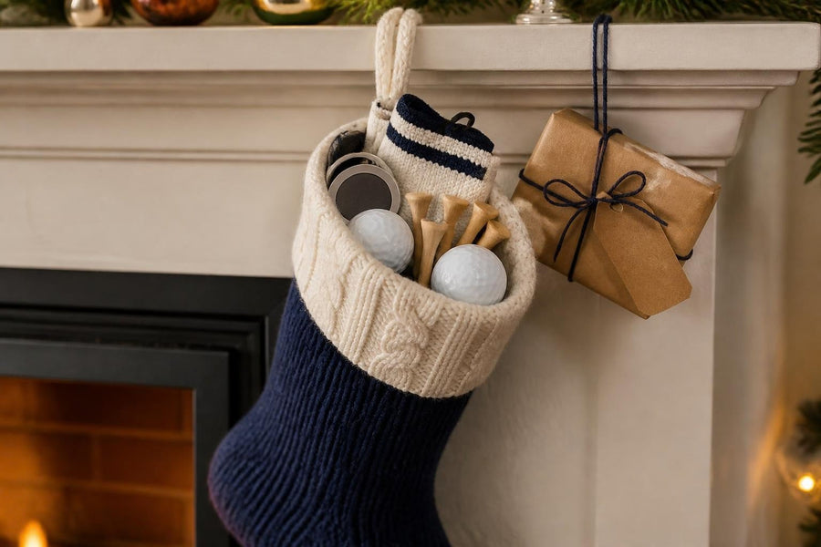 Christmas stocking on a mantelpiece filled with golf balls beside a wrapped Secret Santa gift