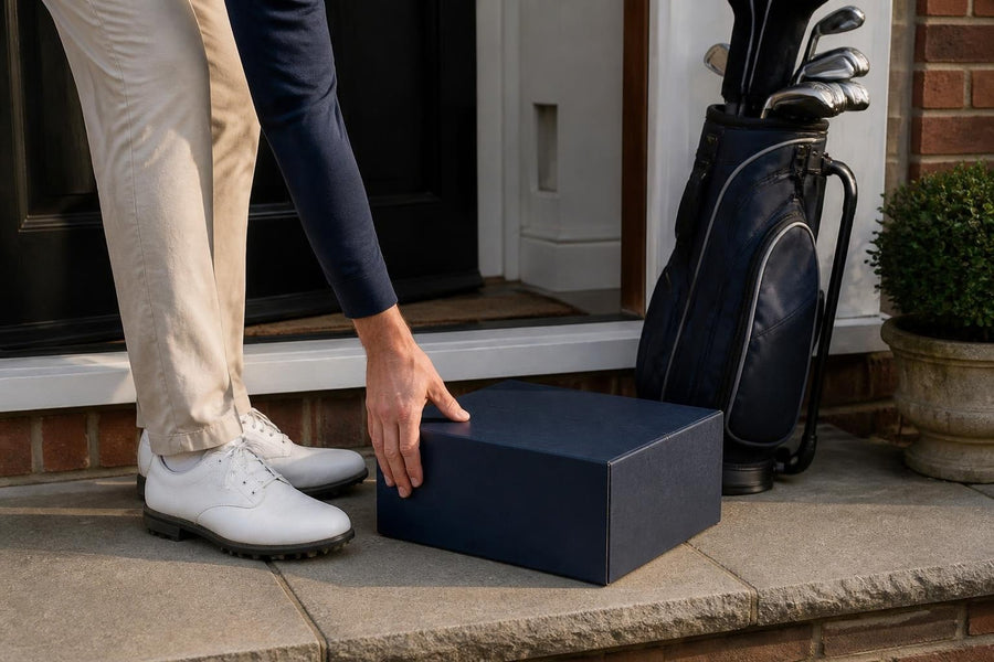 Golfer picking up a navy golf subscription box delivered to his doorstep, golf bag by the door
