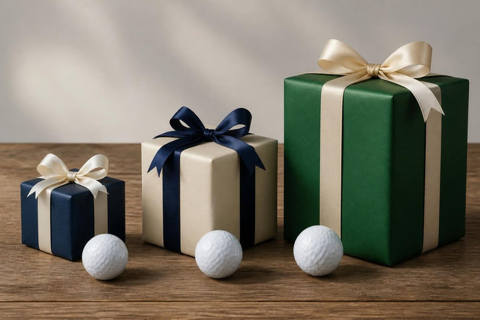 Three wrapped golf gifts in small, medium and large sizes with golf balls on a wooden table