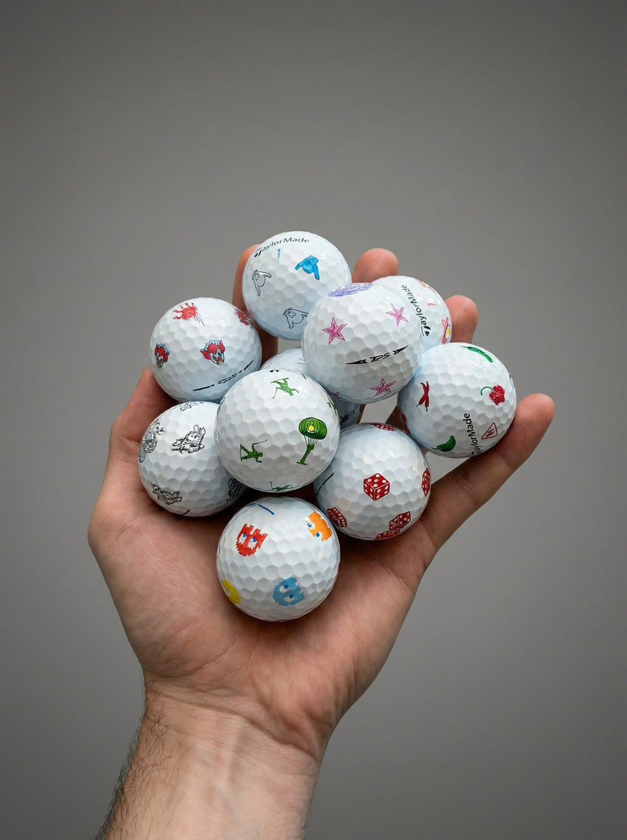 Hand holding a handful of premium golf balls with colourful printed designs