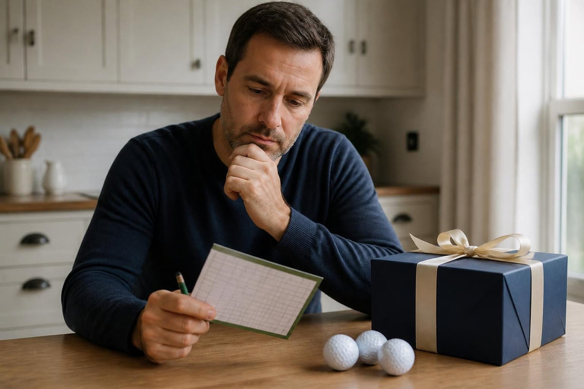 Man thinking over a golf scorecard beside a wrapped golf gift and golf balls