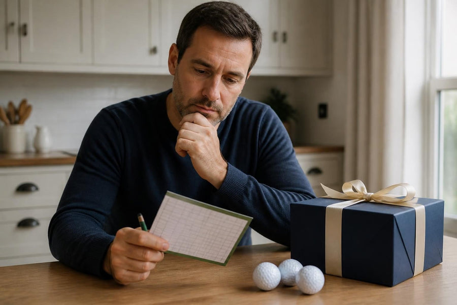 Man thinking over a golf scorecard beside a wrapped golf gift and golf balls