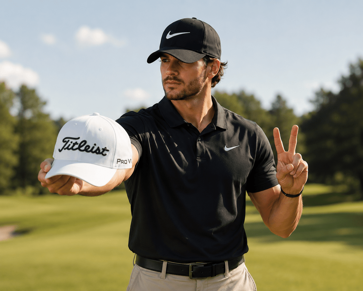 Golfer in a Nike cap holding up a Titleist cap on the golf course