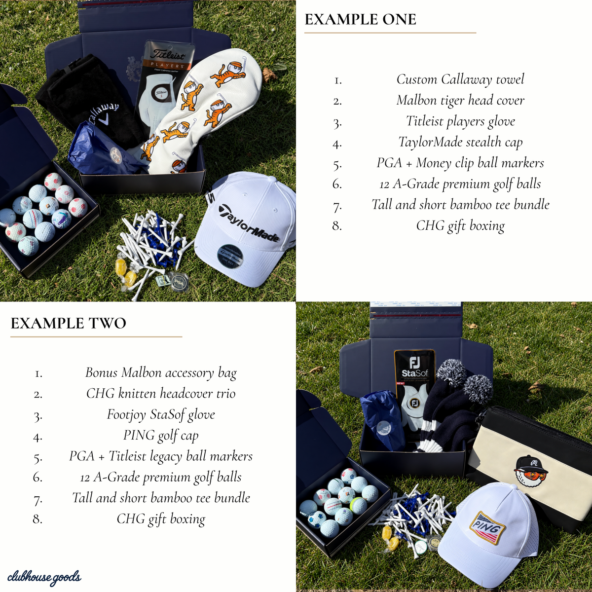 Numbered list of what is inside the Presidential golf mystery box alongside a photo of the contents