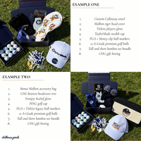 Numbered list of what is inside the Presidential golf mystery box alongside a photo of the contents