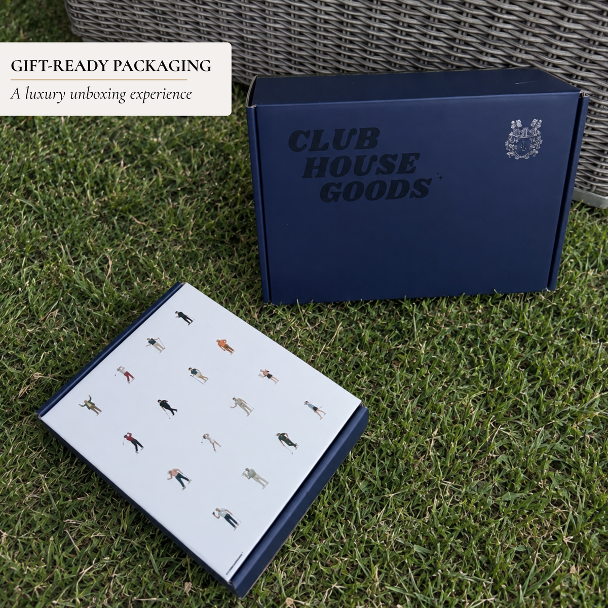Gift-ready navy Clubhouse Goods box with branded tissue paper, ready to give without wrapping