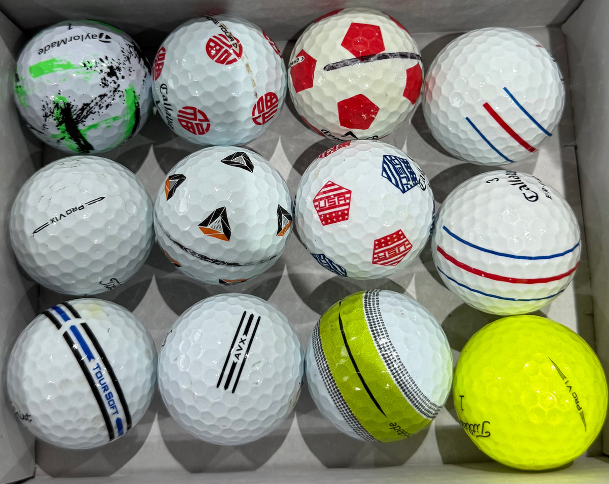Mixed premium A-grade golf balls including patterned and alignment-marked designs