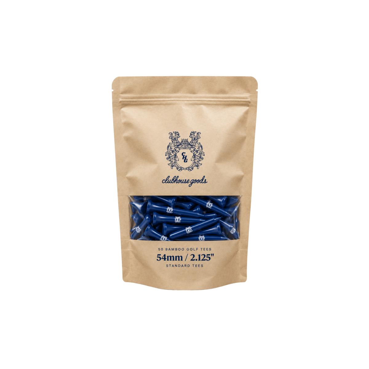 Kraft pouch of 50 navy 54mm bamboo golf tees with the Clubhouse Goods crest