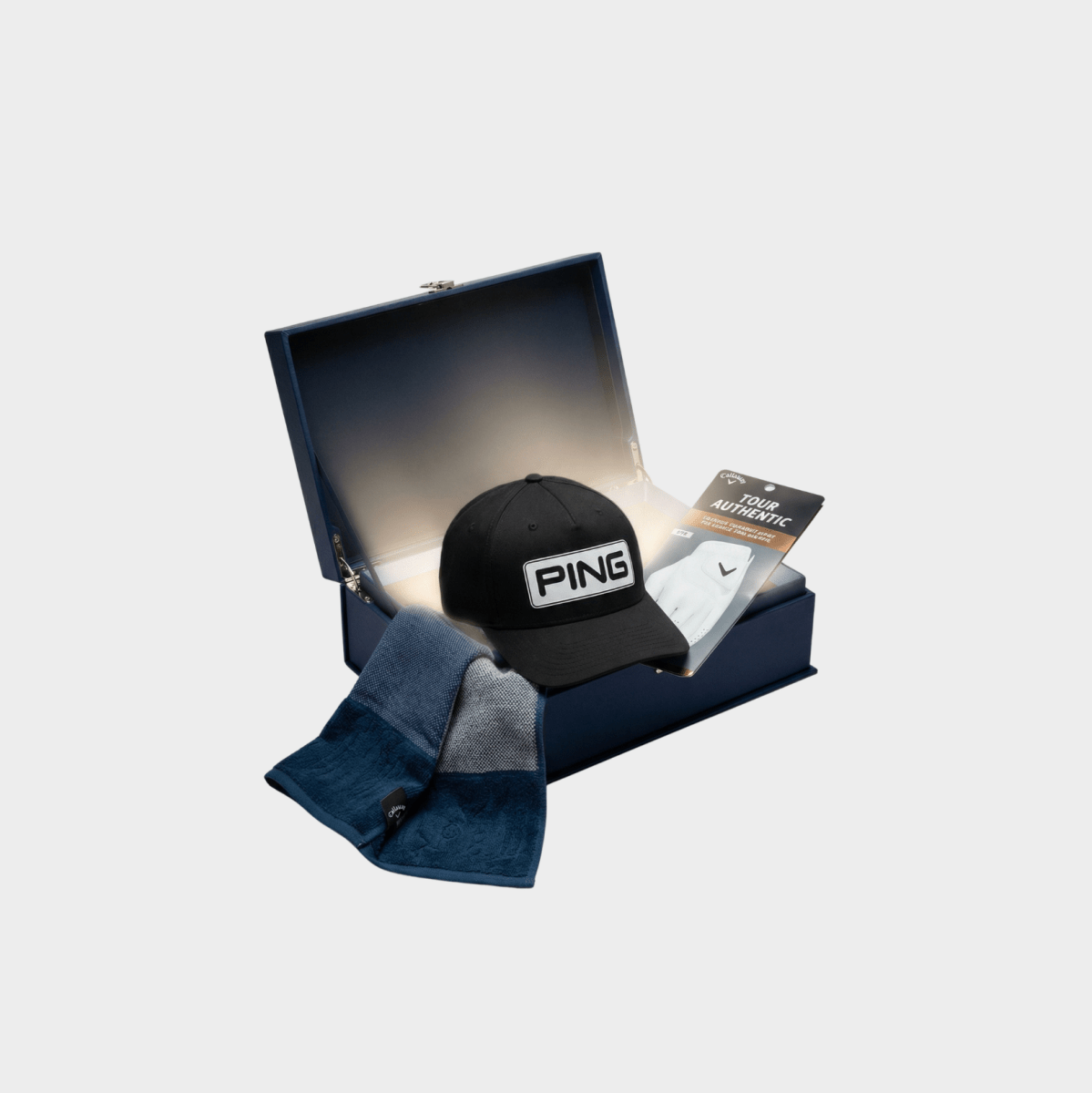 PING golf cap presented in a navy Clubhouse Goods gift box