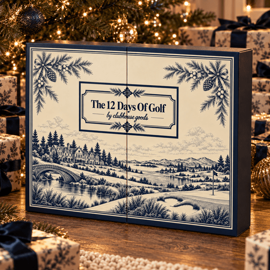 The 12 Days of Golf advent calendar by Clubhouse Goods, closed box beside a Christmas tree