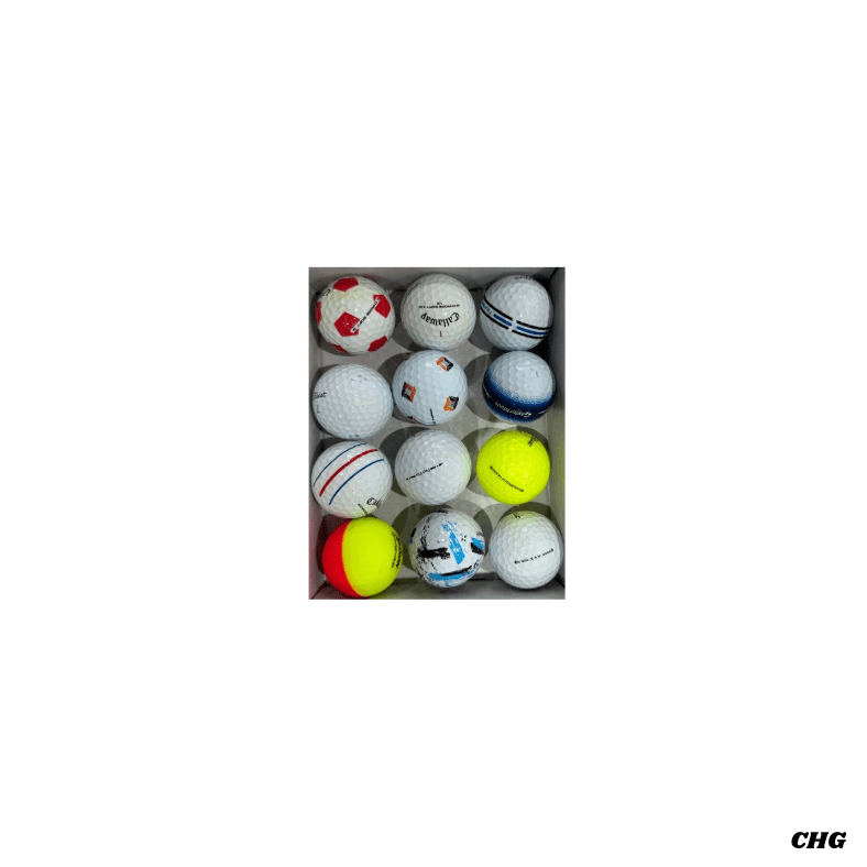 Tray of mixed premium A-grade golf balls including yellow and patterned designs