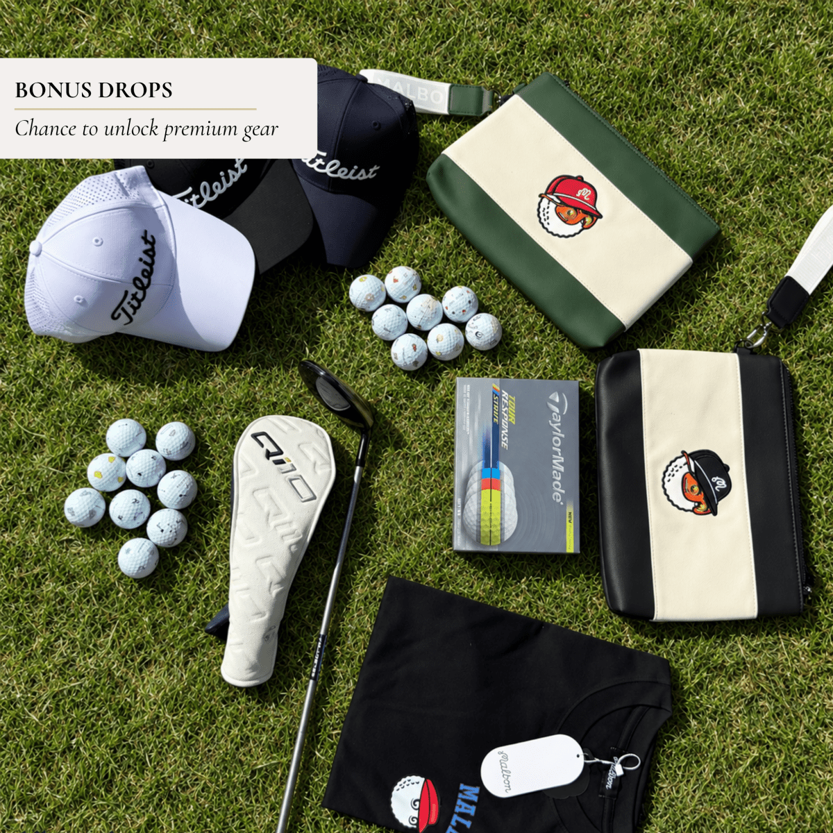 Bonus items that can appear in the Presidential box, including a driver headcover, cap, gift boxes and golf balls